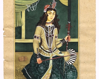 Qajar Persische Miniaturmalerei: Frau mit Musikinstrument
