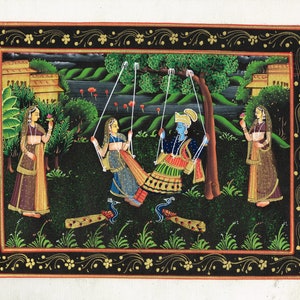 Radha Krishna Painting Hand Miniature Hindu Religious Art On Silk Cloth | Lord Krishna With Balarama Art Painting | Krishna Folk Hindu Art