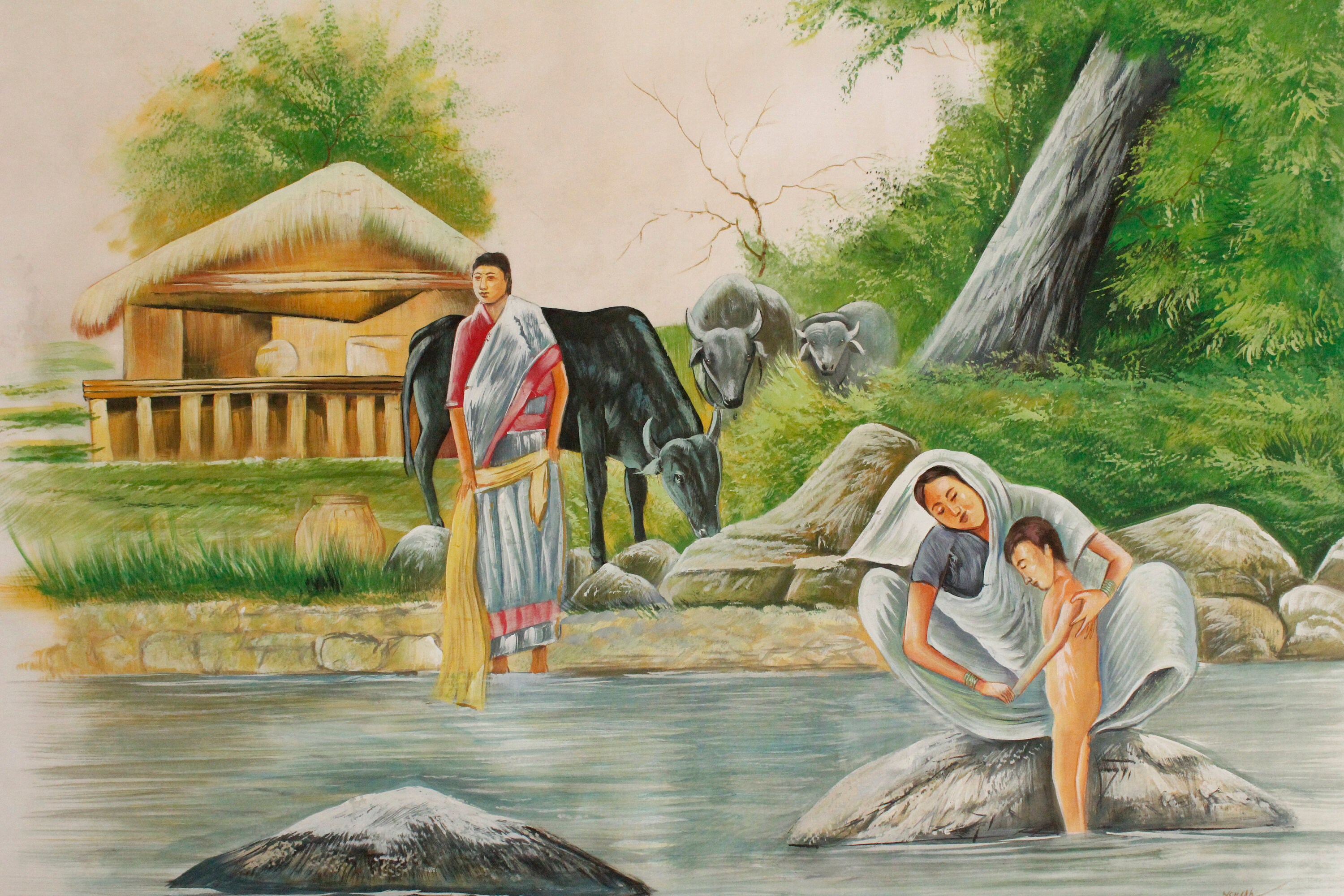 Handmade Indian Village Art Painting on Silk (28x21 Inches) - Etsy