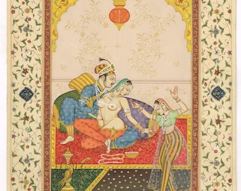 Indian Miniature Painting Of Mughal Emperor Akbar And Jodha Bai in Love Scene Finest Art On Paper | Indian Vintage Mughal Art Paintings