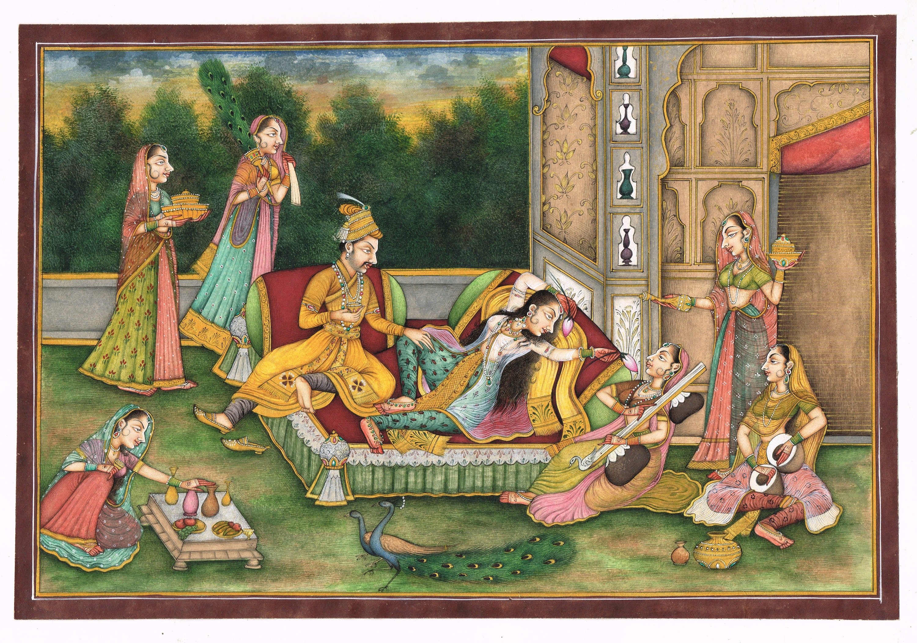 ムガル帝国のハーレム風景画：インドの王と王妃の愛の芸術（13.5