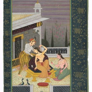 Handmade Mughal King & Women Art Painting: Indian Love Scene (6.5x11 Inches)