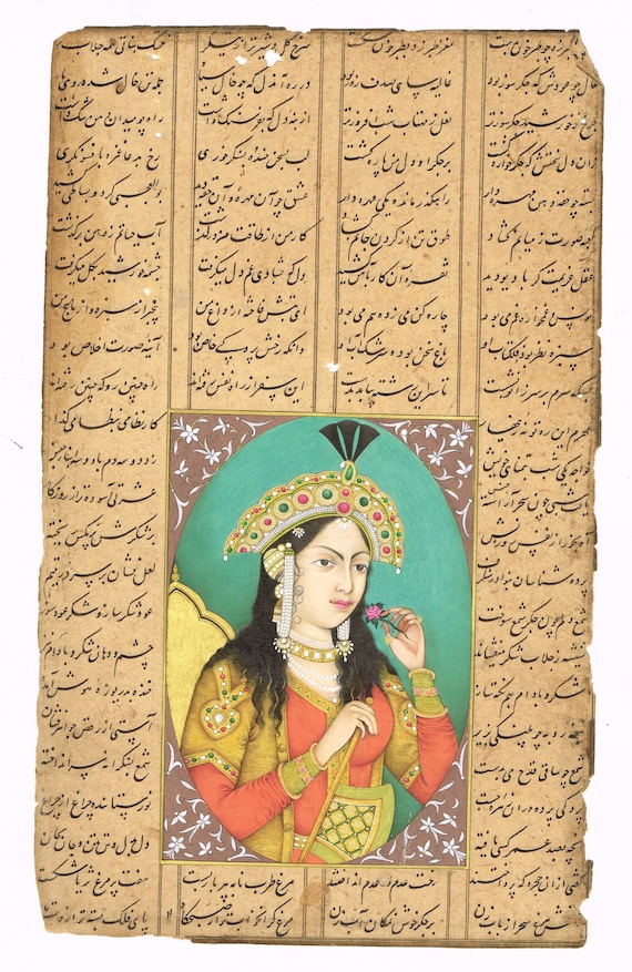 Vintage Mughal Queen Mumtaz Mahal Portrait Painting: Stone Colors