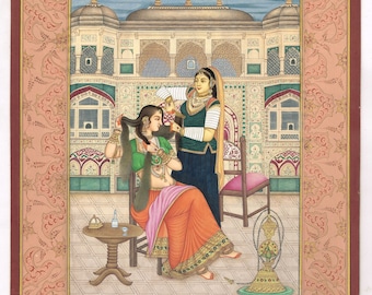 ヴィンテージのムガル帝国女王のミニチュア絵画：インド美術の壁装飾
