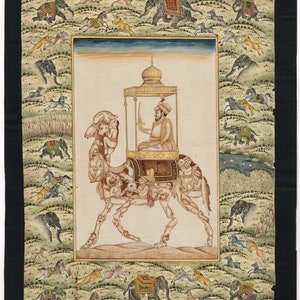 Dipinto in miniatura a mano dell'imperatore Mughal Aurangzeb seduto su un cammello composito, 8x11 pollici / Decorazione per la casa, dipinto del re Mughal per decorazione murale