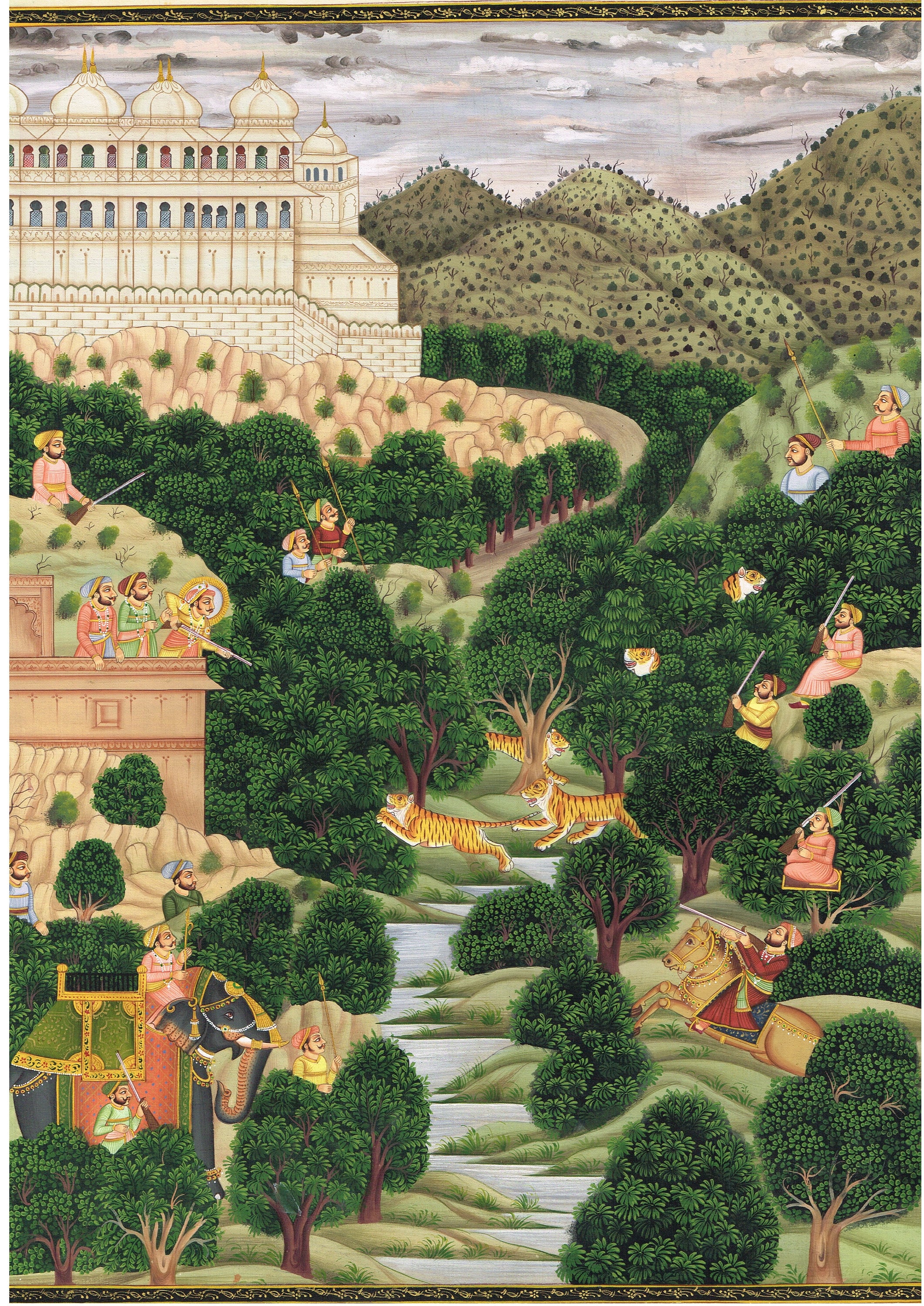 Vintage Indian Miniature Painting: Hunting Scene Art on Silk (13.5