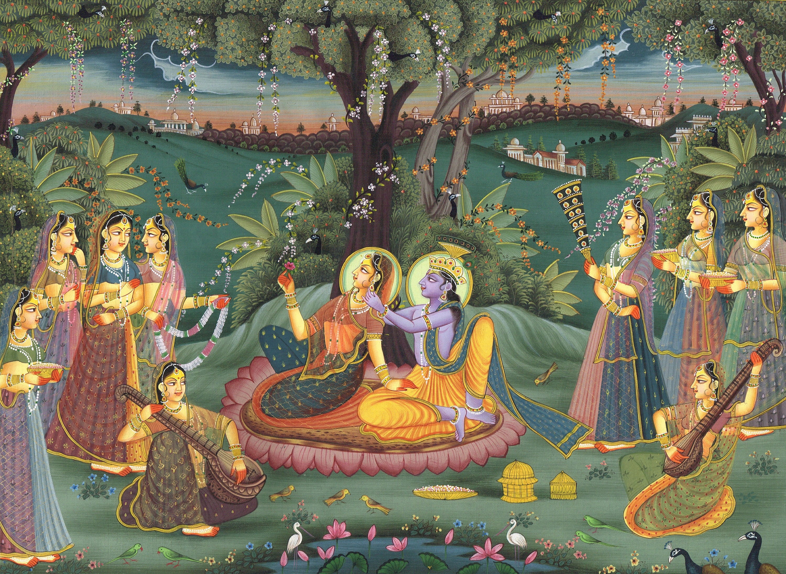 Indian Religious Painting Of Love God And Goddess Krishna Radha Art On