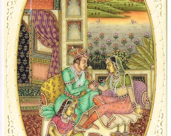 May include: A Mughal miniature painting depicting a royal couple seated on a luxurious couch, with a servant kneeling before them. The painting is set in a palace with intricate details and a view of a garden with lotus flowers.