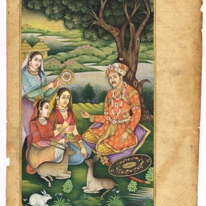 Dipinto in miniatura indiano fatto a mano dell'imperatore Mughal Akbar con donne sedute sotto l'albero, 8x12 pollici / Regalo di pittura d'arte vintage indiana