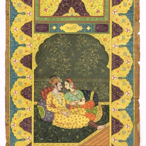 Indian Miniature Painting Of Mughal Prince And Princess In Love Scene Art On Paper 6.5x10.5 | Indian Mughal Old Painting For Wall Hanging