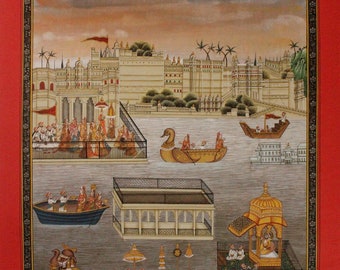 May include: A watercolor painting depicting a procession of boats on a river. The boats are decorated with intricate details and are carrying people in traditional clothing. The scene is set against a backdrop of a grand palace with a cloudy sky.