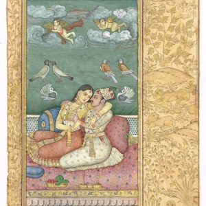 Vintage Art - Mughal Miniature Painting Of Emperor Akbar And Jodha Bai Love Scene Art On The Terrace With Ferries And Love Birds 6x10 Inches
