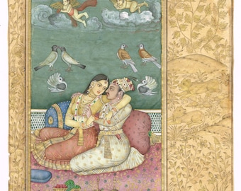 Mughal Miniature Painting: Akbar and Jodha Bai Love Scene (6x10 Inches)