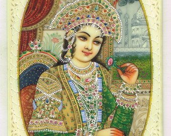 Queen Mumtaz Mahal Miniature Painting: Mughal Art with Real Gems (4x6 Inches)