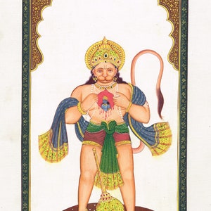 Lord Hanuman/Bajrangbali, peinture d'art religieux hindou sur tissu de soie à accrocher au mur, 27 x 11 po. | Peinture Bajrangbali pour décoration murale