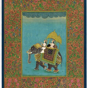 Mughal Kaiserin Elefant Gemälde: Indische Miniaturkunst (26x36 cm)