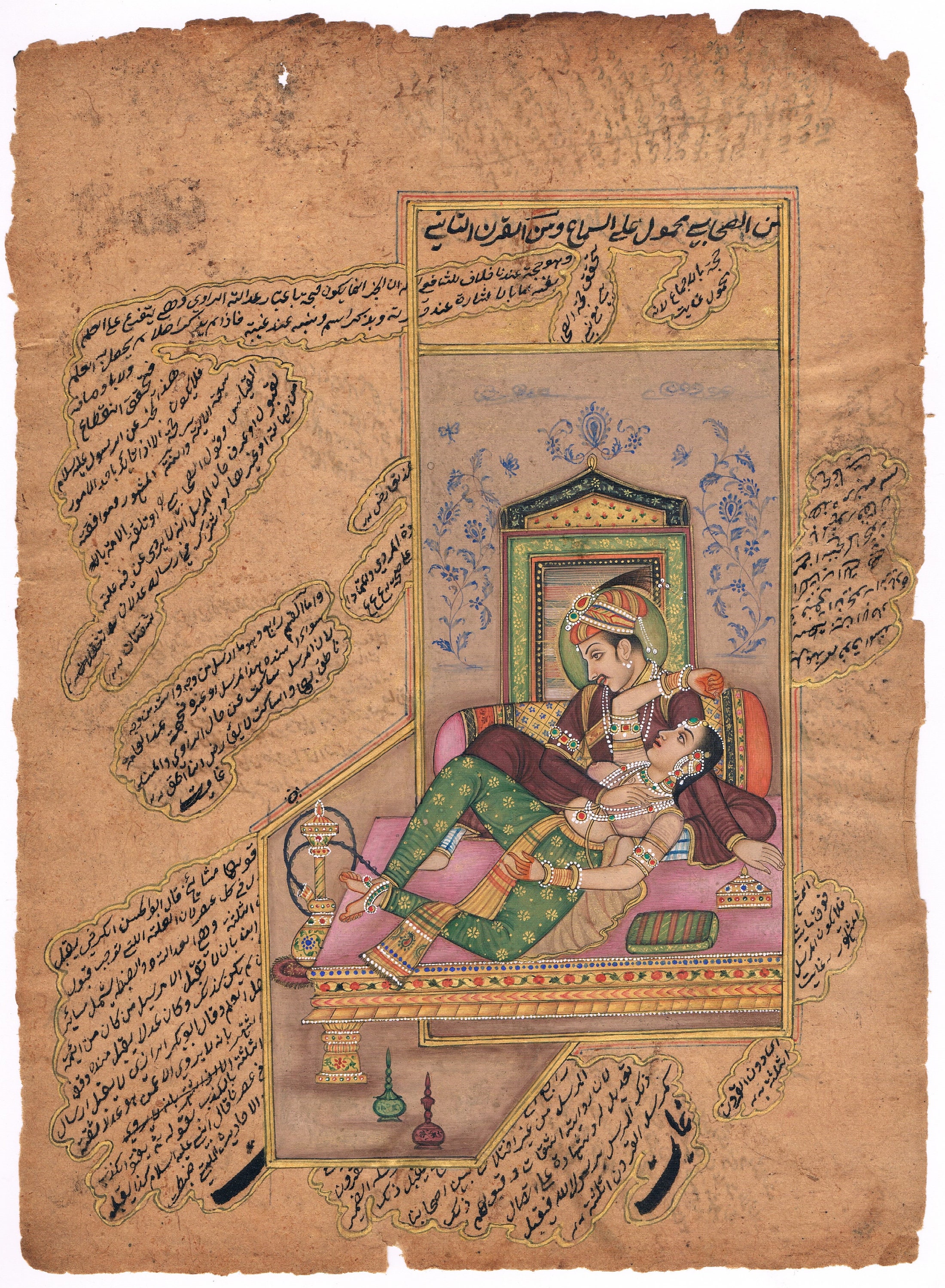 ヴィンテージ・ムガル帝国の細密画：アクバルとジョダ・バーイのラブ