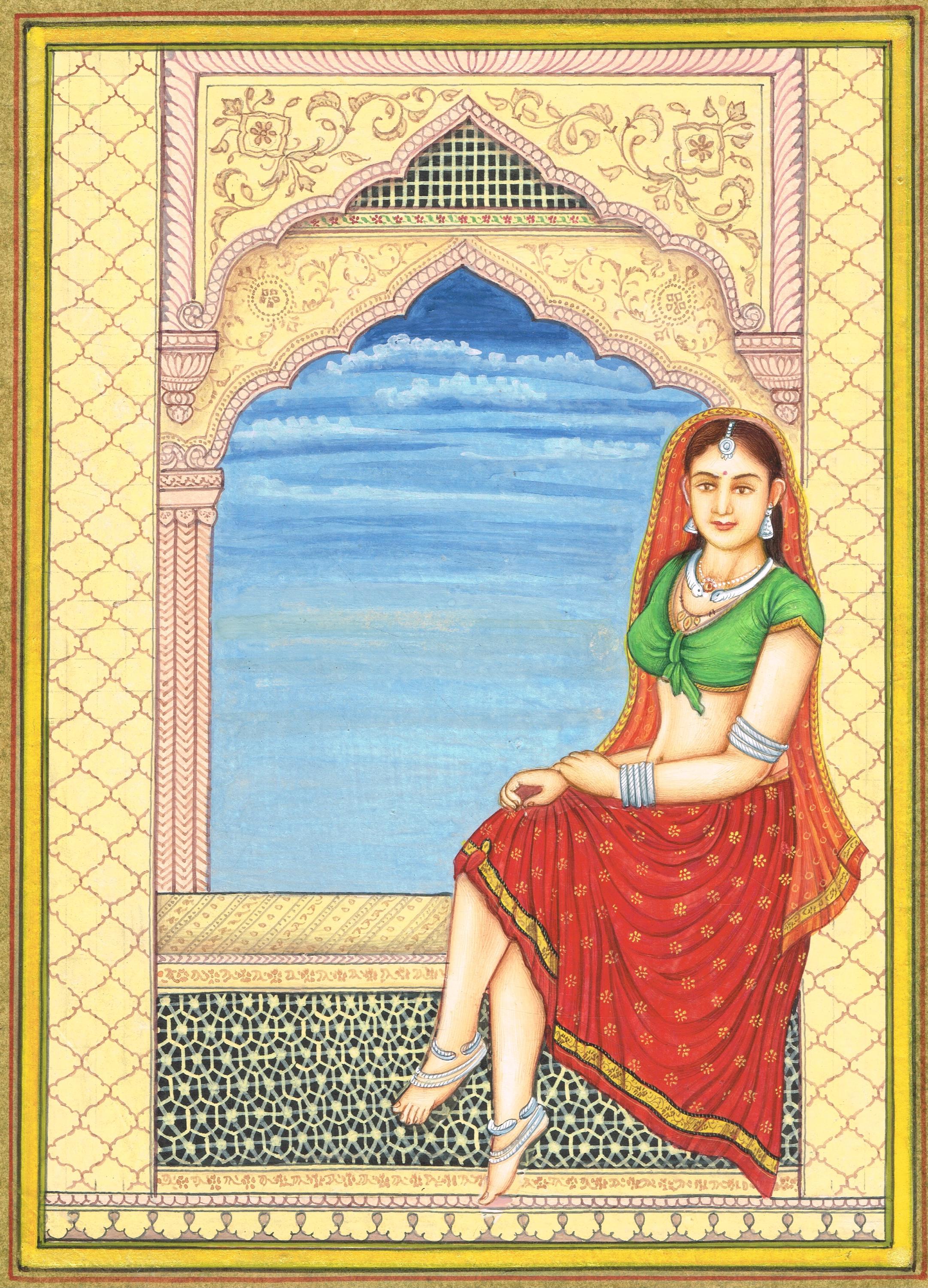 Handmade Indian Miniature Painting: Woman at Window With Gold Ink