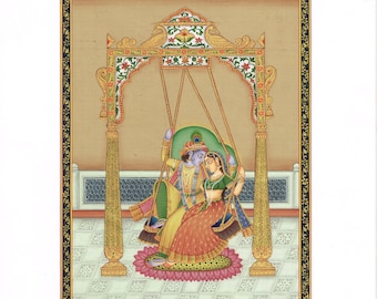Radha Krishna Painting Handmade Hindu Religious Art On Silk Cloth | God & Goddess Swinging Folk Art | 10x12 Inches | Radha Krishna Art
