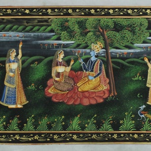 Handgemachtes Radha Krishna Gemälde: Indische Liebesszene Kunst auf Seide (100x38 cm)