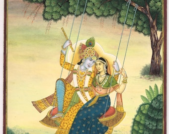 Radha Krishna Painting: Hindu Love Scene Art with Gold Ink (9x12 Inches)