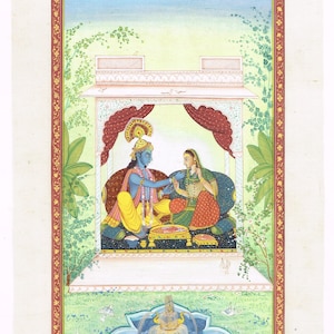 Krishna Radha Painting: Handmade Hindu Folk Art on Cloth (7x11 Inches)