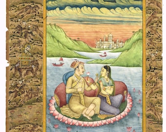 May include: A traditional Indian miniature painting depicting a couple seated on a lotus flower in a lake. The couple is dressed in elaborate clothing and jewelry. The background features a distant palace and a landscape with hills and clouds.
