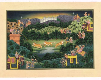 Handmade Mewar Hunting Painting: Indian Miniature Art on Silk (10.5x8 Inches)