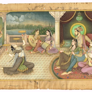 インド　細密画　絵画　ヴィンテージ　アンティーク 象　ムガル　ミニチュア　手描き ムガル帝国皇帝の細密画：インドのハーレム芸術、音楽、舞踏（13x8