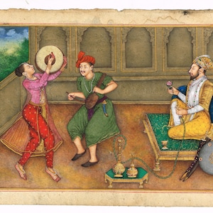 Dipinto antico indiano in miniatura raffigurante l&#39;imperatore Moghul che si gode una danza femminile su carta, 9x6 pollici / Decorazione per la casa, dipinto d&#39;arte indiana vintage per pareti