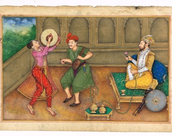Indiase miniatuur oude schilderij van Mughal-keizer genieten van vrouwendans op papier 9x6 inch | Home Decor Indiase vintage kunst schilderij voor muur
