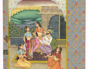 Indiase miniatuur schilderij van Mughal-keizer met vrouwen liefde scène kunst op papier 7,5 x 12 inch | Home Decor Mughal Liefde Scène Kunst voor muur