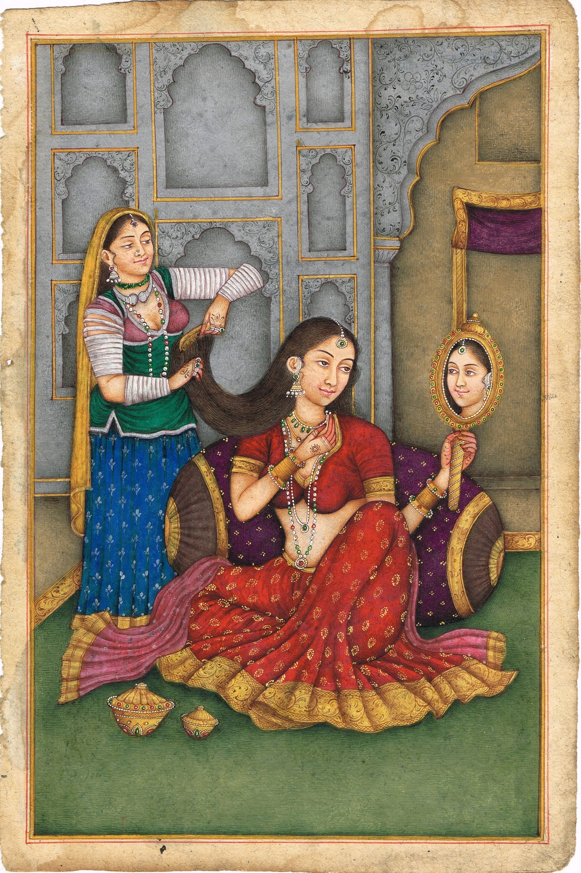 Indian Miniature Painting of Mughal Queen Brushing Her Hair With His ...