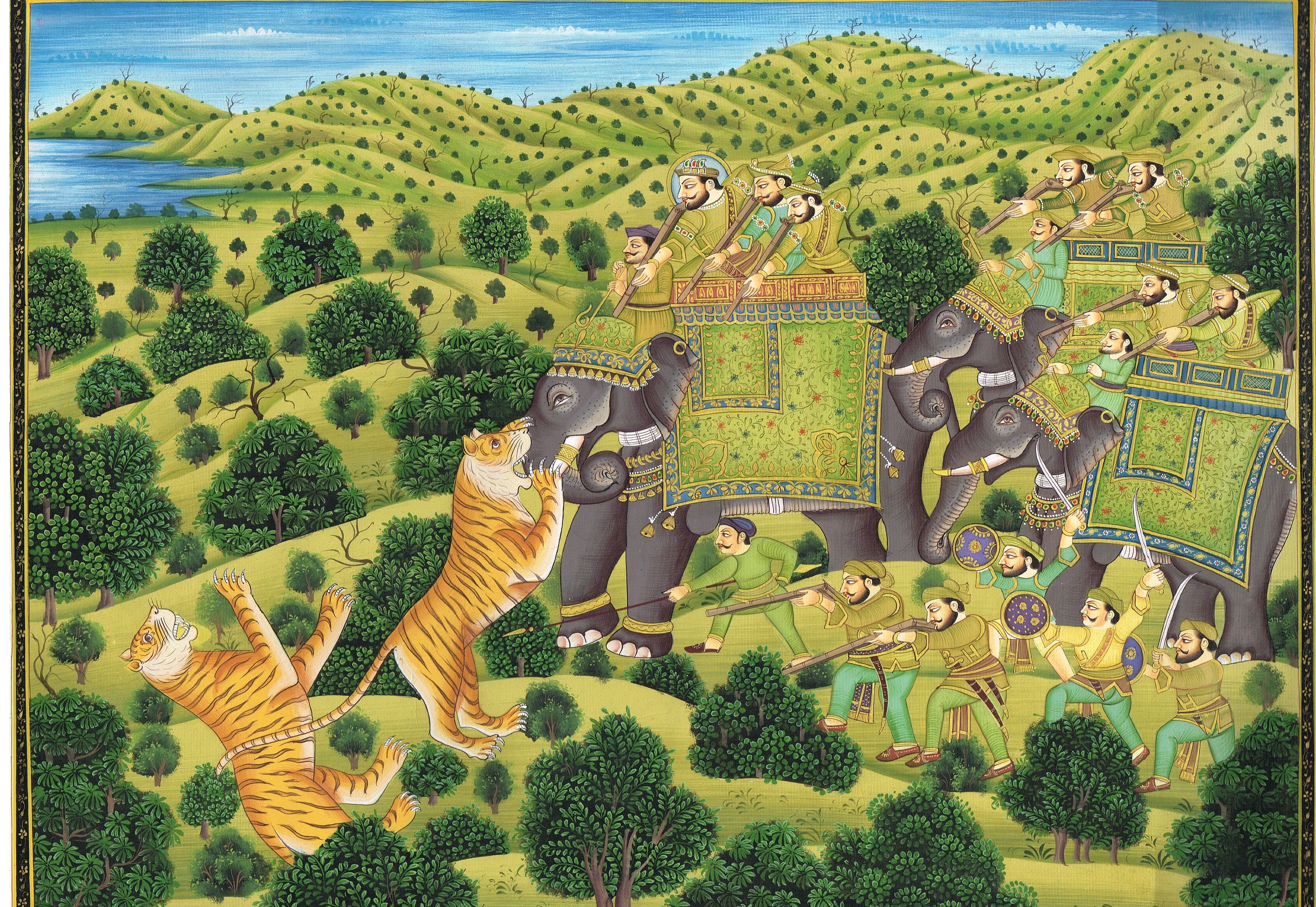 Handmade Indian Miniature Painting: Maharaja Hunting Tiger on Silk