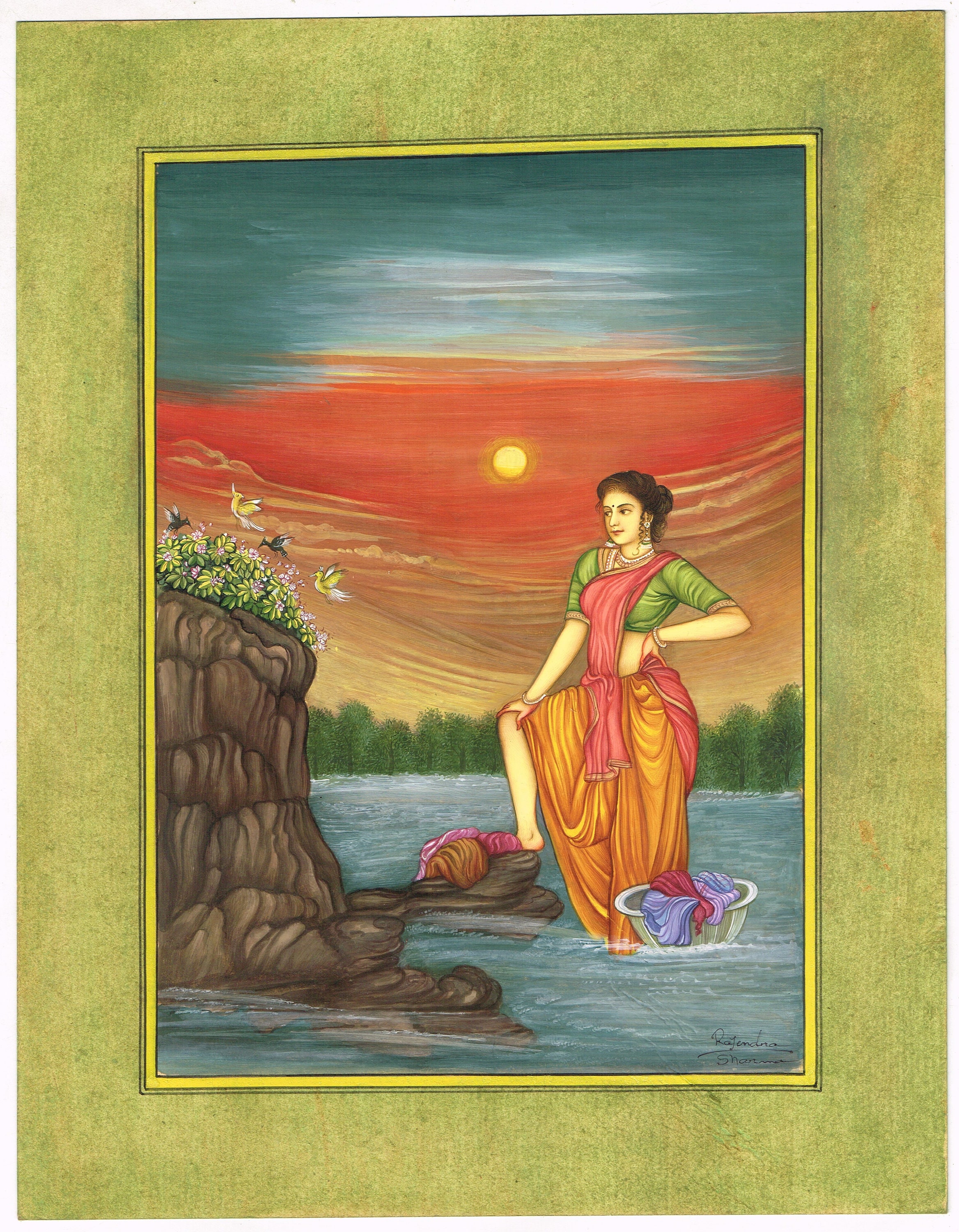 Handmade Indian Miniature Painting: Morning Scene With Woman, Real