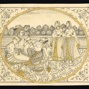 Disegno fatto a mano, dipinto artistico del re e della regina Moghul in una scena d'amore su carta, 7x5,5 pollici / Coppia d'epoca dell'Impero Moghul