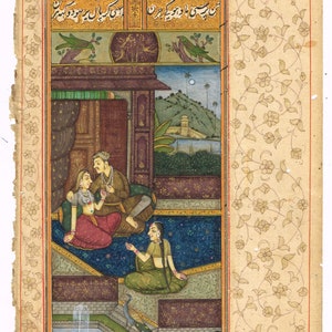Vintage Mughal Art Painting: Emperor & Empress Love Scene (4.5x8 Inches)