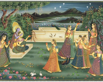 Radha Krishna Miniature Painting: Hindu Love Scene Art (17.5x13.5 inches)