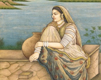 Indian Miniature Painting, Woman by Lake, Stone Colors, Squirrel
