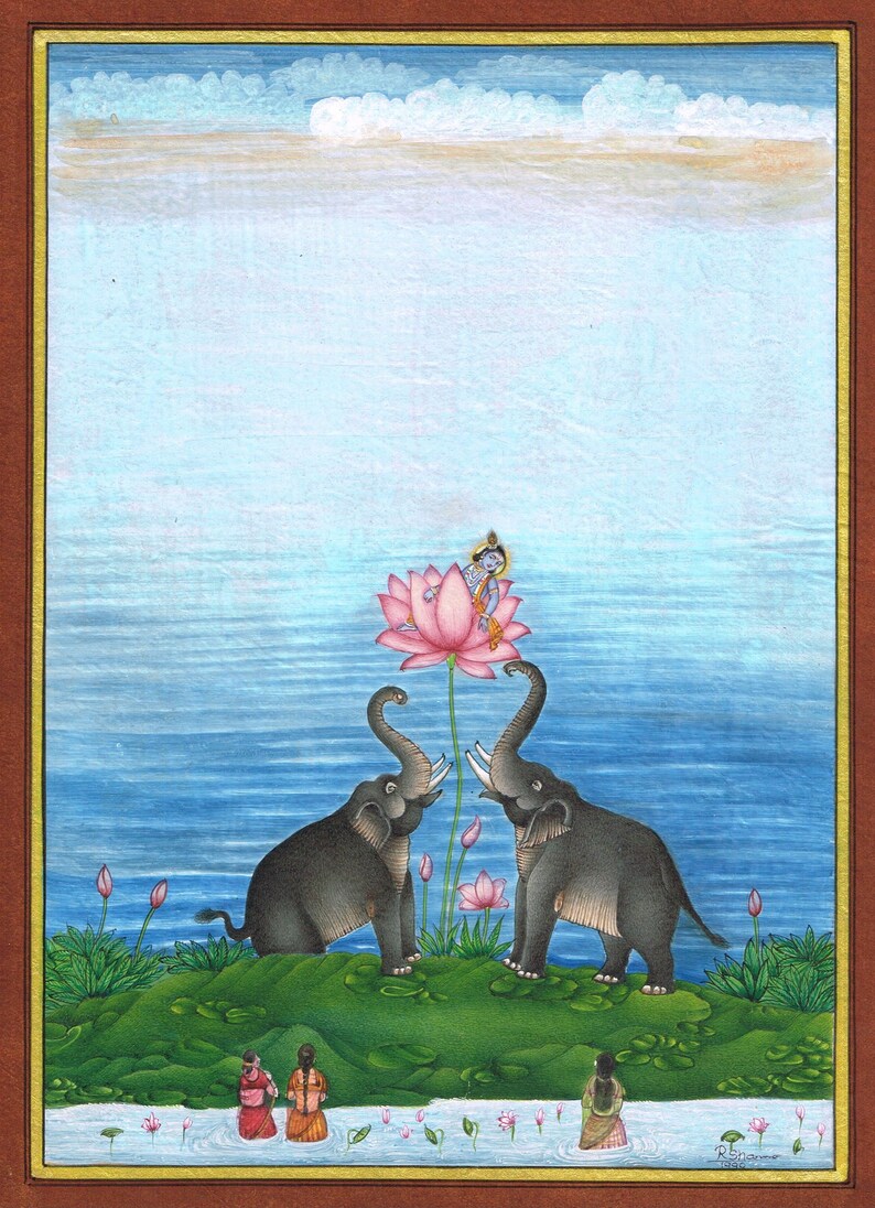 Lord Krishna Miniature Painting: Hindu Religious Art With Elephant (10 ...