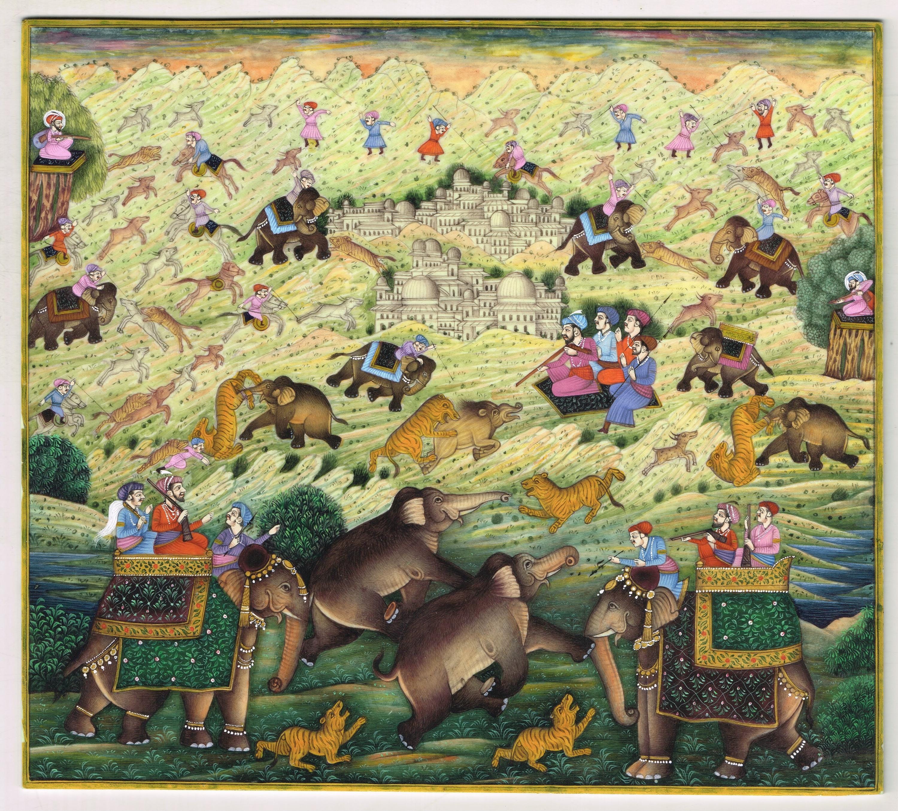 伝統的なインドの動物絵画 ムガル帝国の狩猟風景ミニチュア絵画：インド王、野生動物（9x8インチ