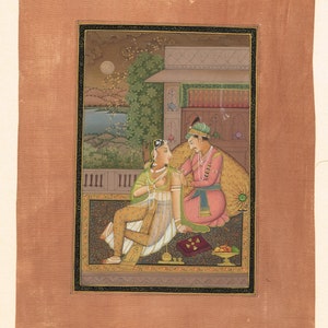Indian Miniature Painting Of Mughal Emperor & Empress In Love Scene Art On Cloth | Indian Painting | Painting With Mount | Lover Painting