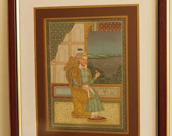 アンティークIndian miniatureインド ミニチュア絵画 女性 ヴィンテージのムガル帝国女王のミニチュア絵画：インド美術の壁装飾