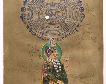 Indian Miniature Painting: Maharaja Sawai Madho Singh on Old Stamp Paper