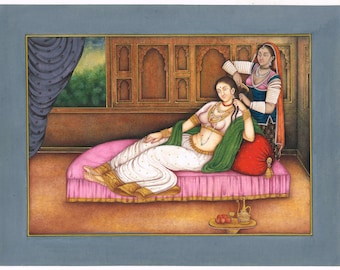 ヴィンテージのムガル帝国女王のミニチュア絵画：インド美術の壁装飾