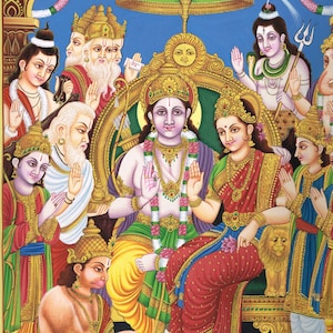 Handmade Ram Darbar Painting: Hindu Religious Art, Stone Colors (15.5x20 Inches)