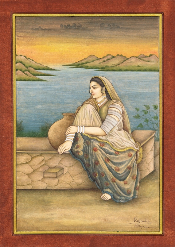 Indian Miniature Painting, Woman by Lake, Stone Colors, Squirrel