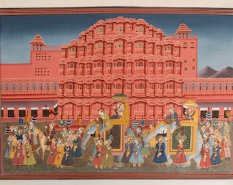 Jaipur Procession Art: Hawa Mahal Miniature Painting, Real Gold Detail