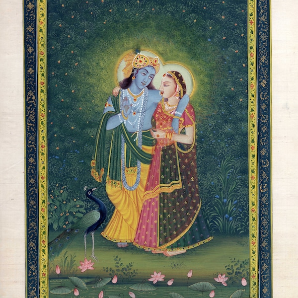 Radha Krishna Painting Of Hindu Religious Art On Silk Cloth 7x11.5 Inches | Handmade Indian Ethnic Art For Wall | Krishna Radha Folk Art