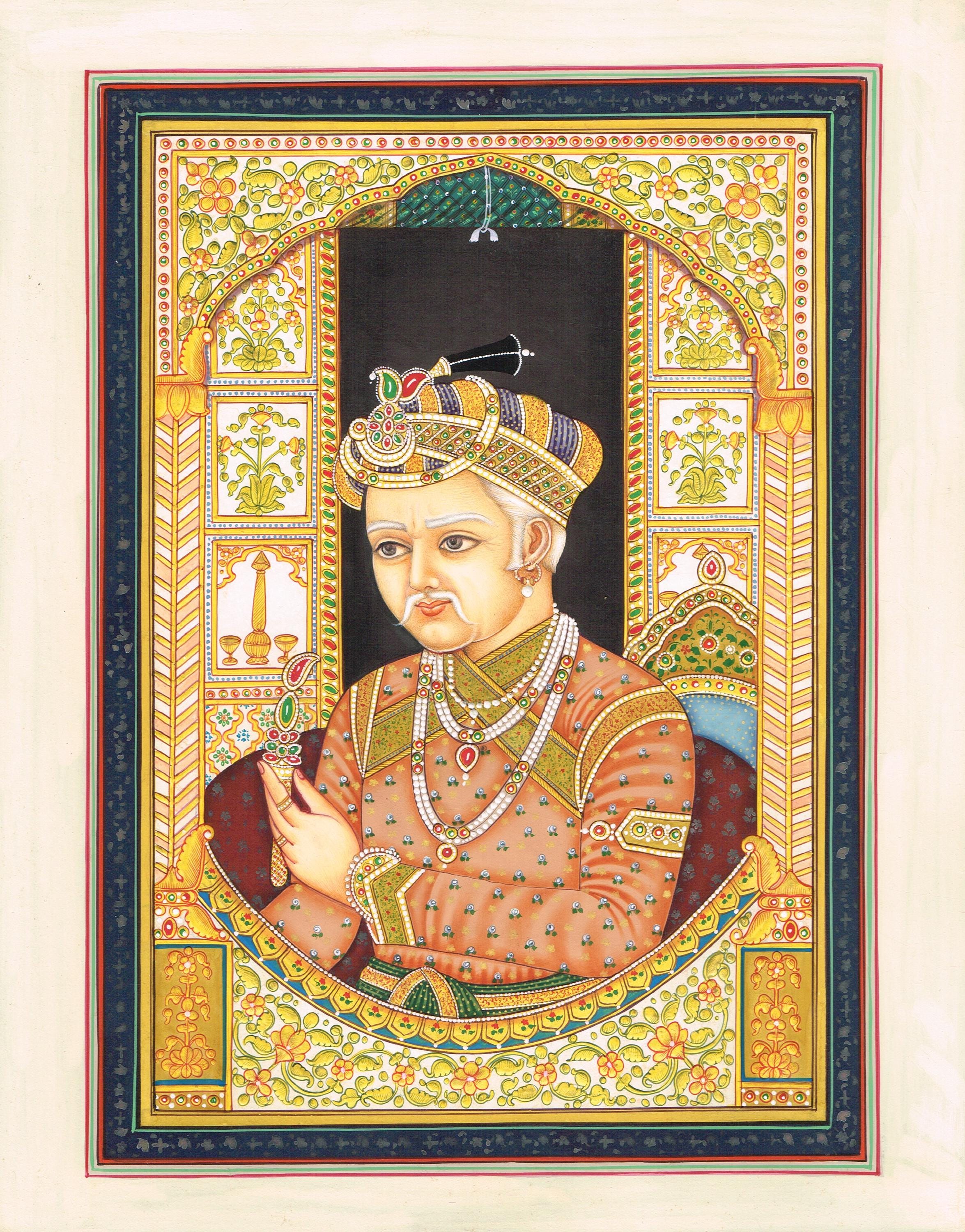Mughal Emperor Akbar Portrait Painting | Handmade Indian Art With Gold ...